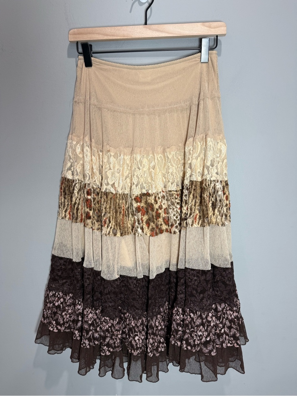 Vintage Cache Y2K Tiered Lace Mesh Maxi Skirt Animal Print S